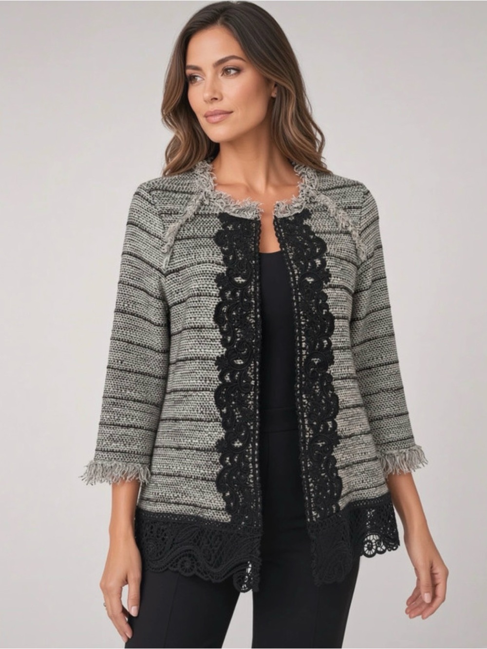 Chico's Gray and Black Fringed Open-Front Cardigan with Lace